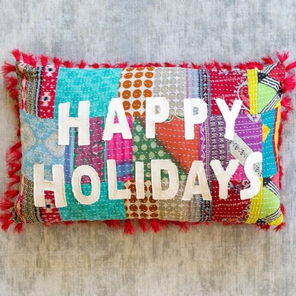 Happy Holiday Kantha Pillow - Picture 1 of 3